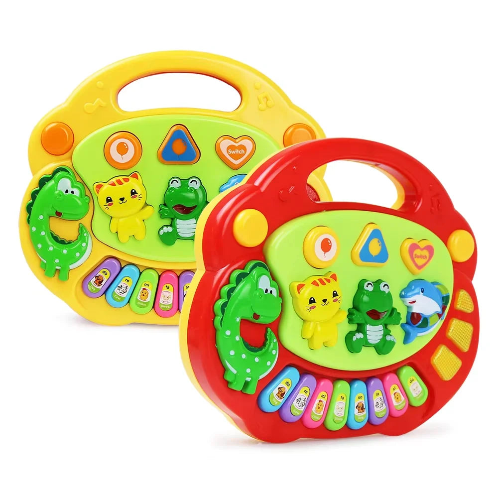 Red and yellow kids cartoon piano keyboard toy with colorful animals, shape buttons, and flashing light music features
