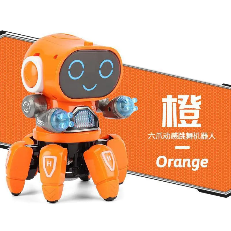Orange six-legged kids dance robot with smiling face blue glowing eyes and claws octopus robot for education baby toy