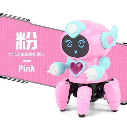 Pink and light blue kids dance robot with six claws octopus design and heart-shaped led lights for education baby toy