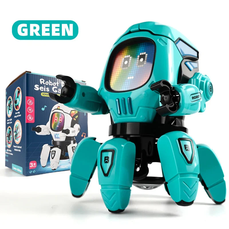 Teal kids dance robots with glowing rainbow screen face claws octopus robot featuring articulated limbs and knee pads for education baby toy