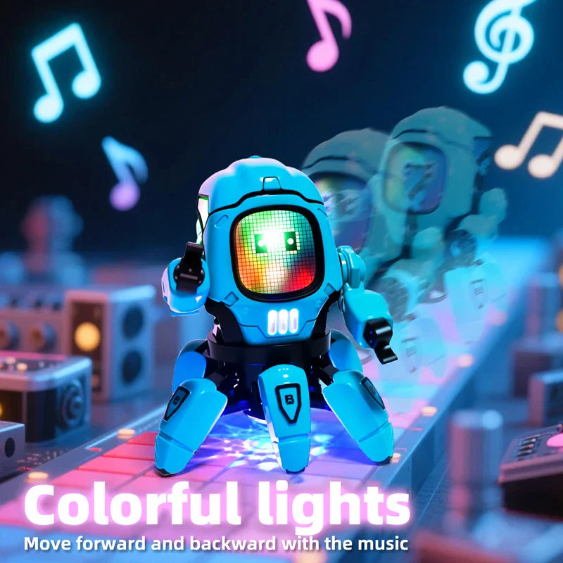 A blue kids dance robot with a glowing led screen face and black joints claws octopus robot for early education baby toy