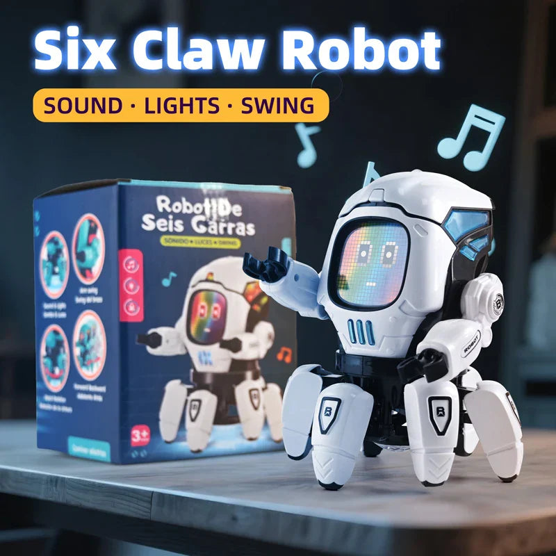 White and black six-claw kids dance robot with colorful led screen face designed for education baby toy and entertainment