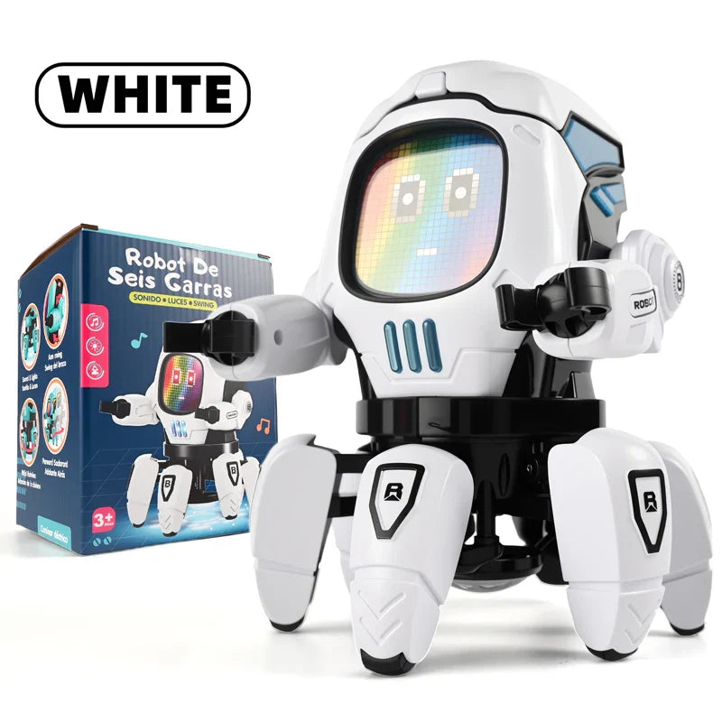 White kids dance robot with six claws octopus legs and colorful led screen face for education baby toy use