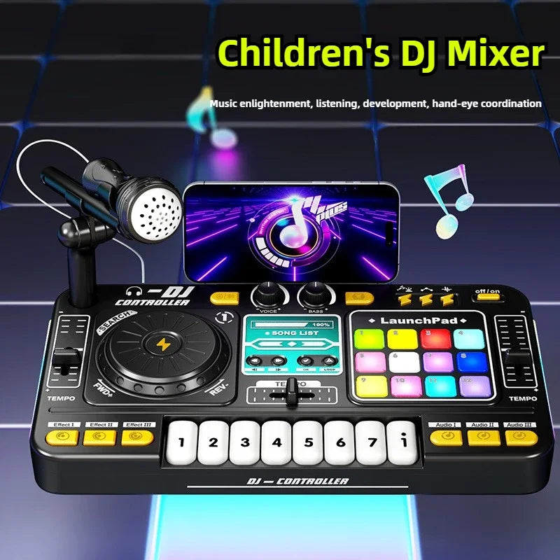 Black kids dj controller with colorful button pad, numbered keys, and microphone led light for children birthday gifts