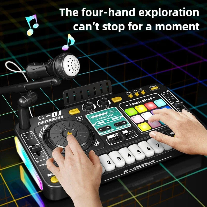Black plastic kids dj controller with colorful illuminated buttons and microphone led light for children birthday gifts