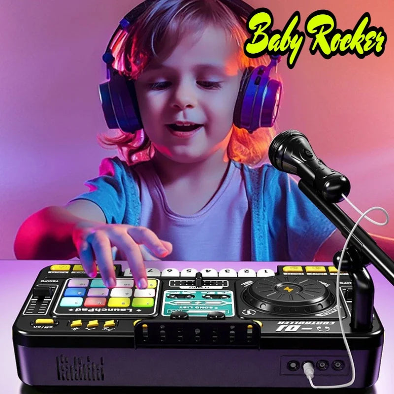Black and teal kids dj controller with colorful illuminated buttons, turntable platter, and microphone led light for children birthday gifts