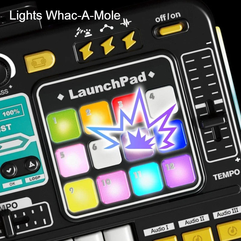 Black and yellow kids dj controller music toy with colorful illuminated launchpad and microphone led light for children birthday gifts