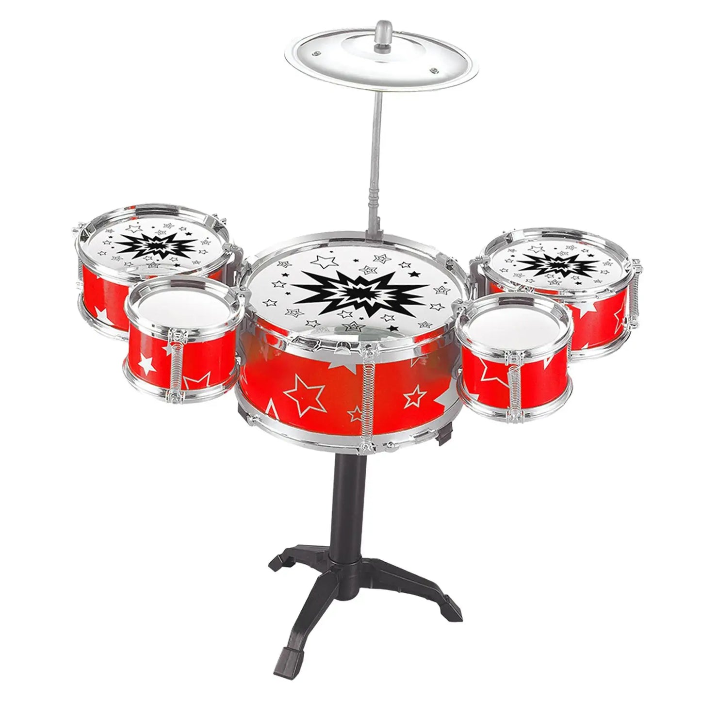 Red star-patterned kids drum kits with silver hardware and matching cymbal for preschool learning toy drum set simulation