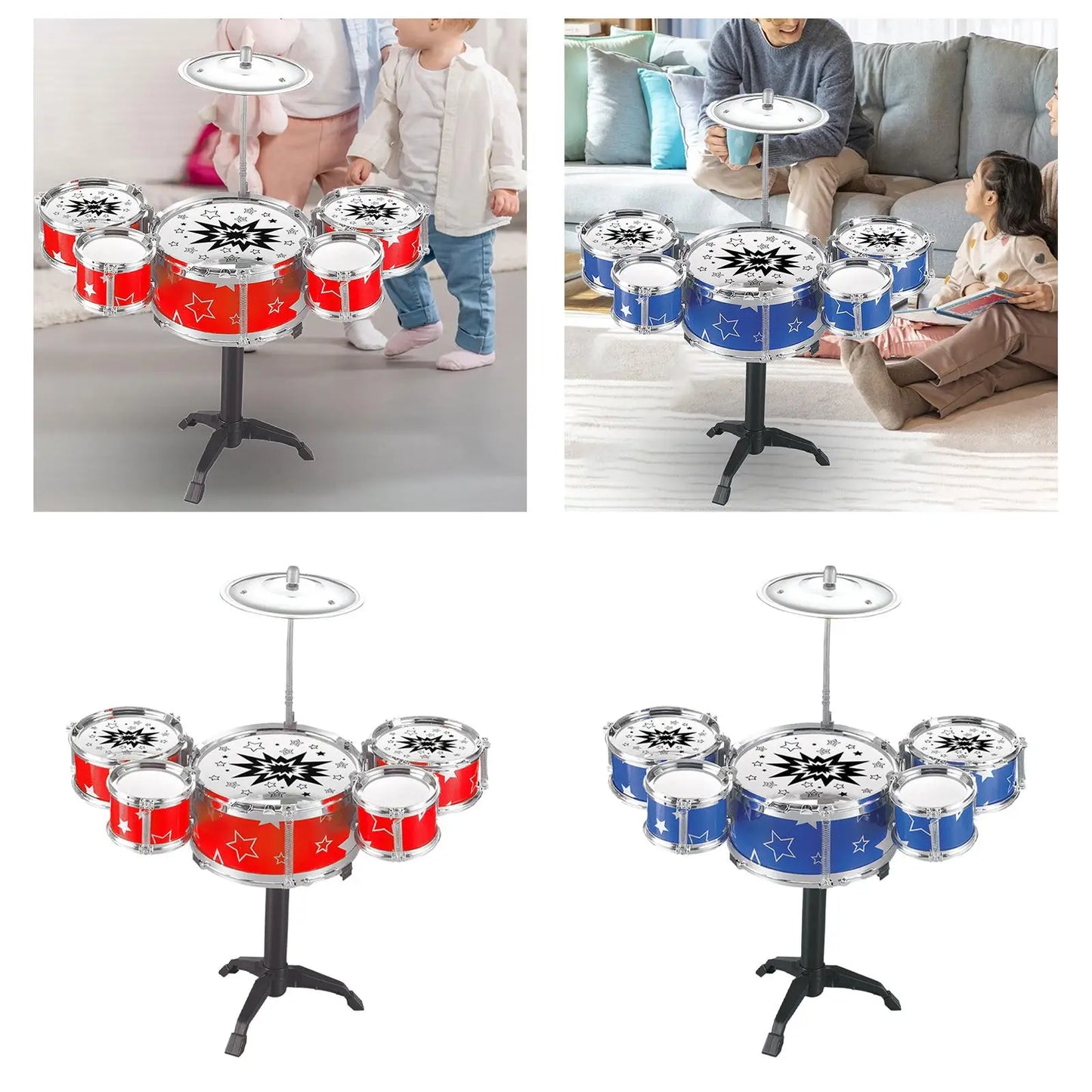 Red and blue kids drum kits with star patterns featuring preschool learning toy drum set simulation for children gifts