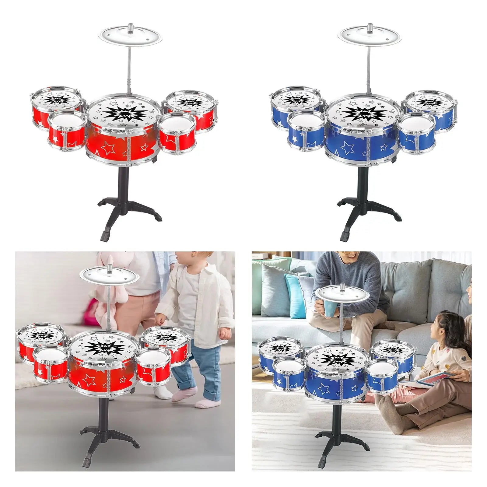 Kids drum kits featuring red and blue star-patterned drums designed as a preschool learning toy and drum set simulation