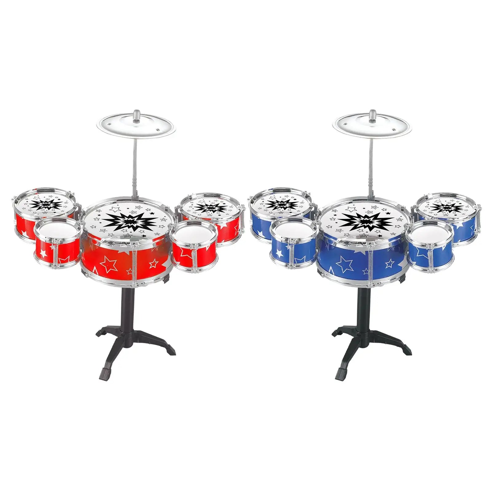 Red and blue kids drum kits with star-patterned drums and chrome hardware for preschool learning toy drum set simulation
