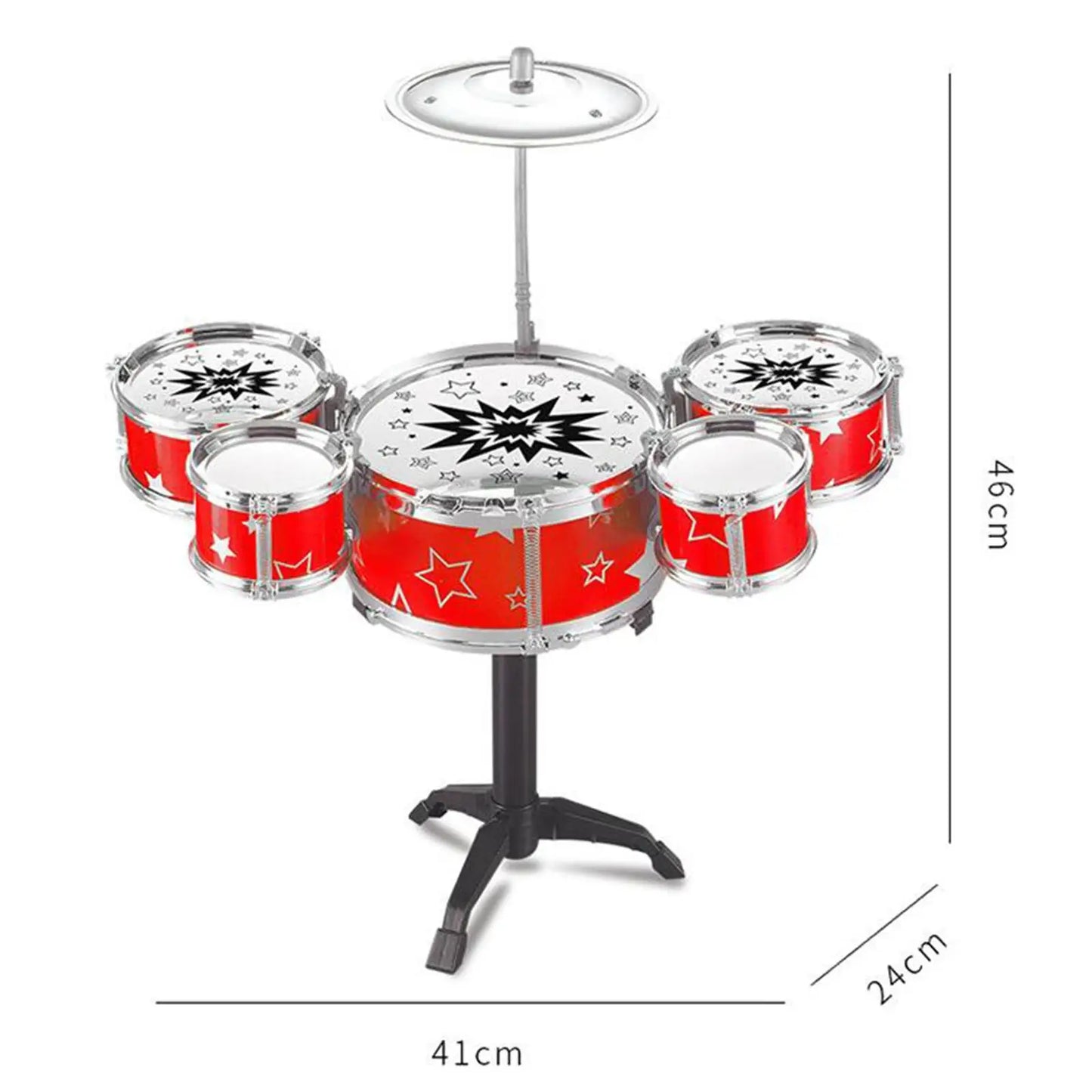 Red and silver kids drum kit with star patterns, ideal preschool learning toy for drum set simulation and music gifts