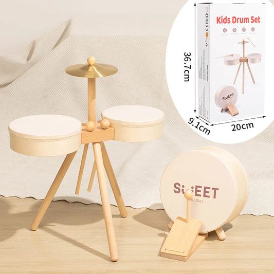 Wooden kids drum set with cream-colored drums and gold cymbal educational percussion toy for boys and girls