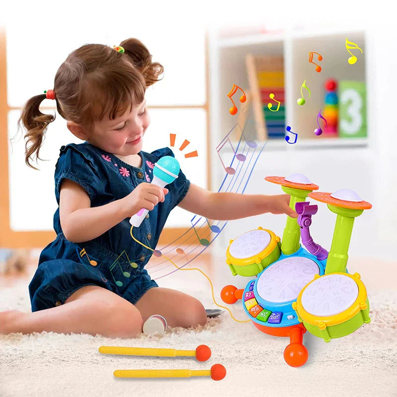 Brightly colored kids drum set with green yellow and orange accents featuring microphone for musical baby educational learning activities