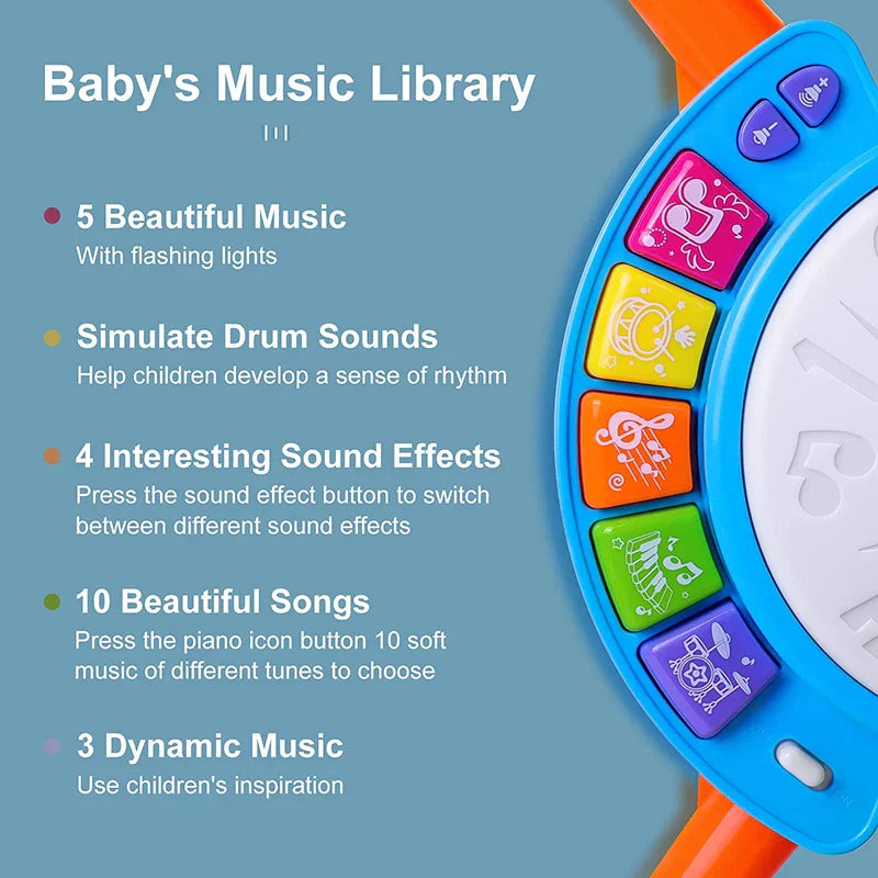 Brightly colored plastic kids drum set with musical baby educational buttons and microphone learning activities for toddlers