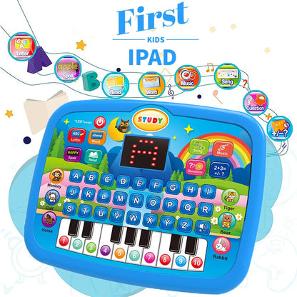 Blue plastic kids education tablet toy with colorful buttons electronic keyboard displaying letter a for literacy math music