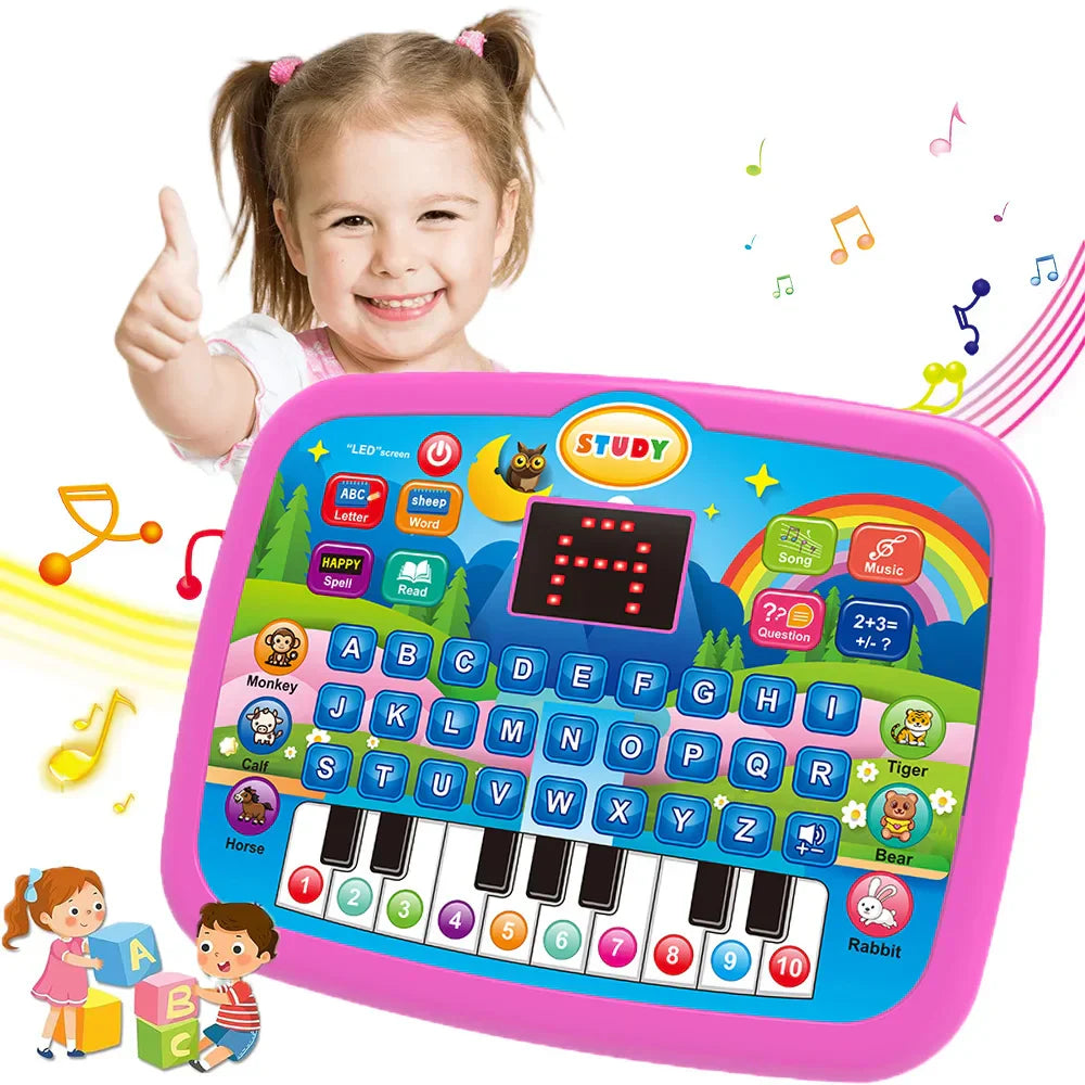 Pink kids education tablet with colorful buttons and led screen featuring literacy math music and electronic keyboard birthday gift