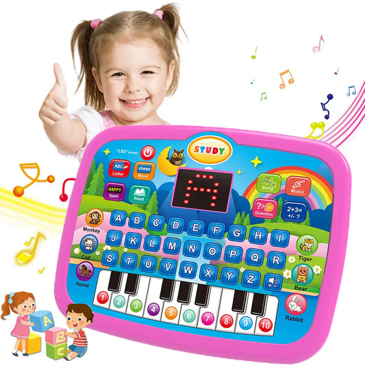 Pink kids education tablet with colorful buttons and led screen featuring literacy math music and electronic keyboard birthday gift