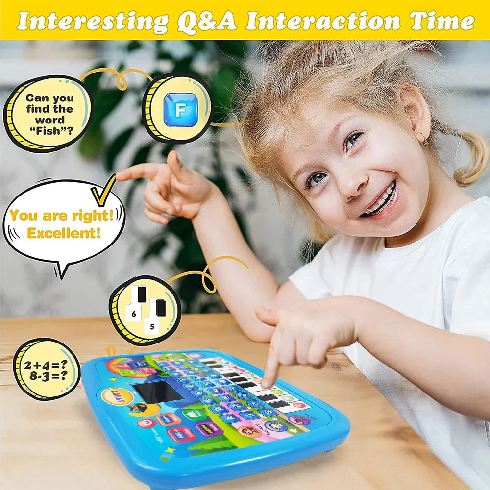 Blue plastic kids education tablet toy with colorful buttons and screen for literacy math music and electronic keyboard birthday gift