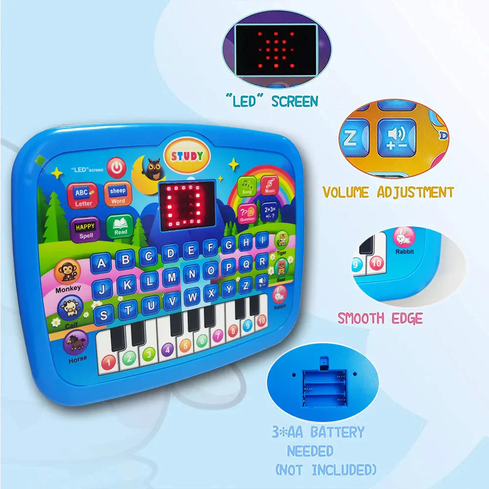 Blue plastic kids education tablet toy with colorful buttons and led screen for literacy math music and electronic keyboard birthday use