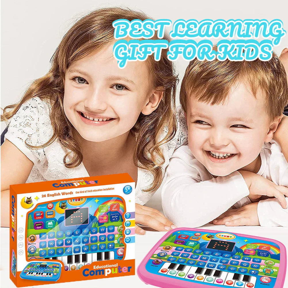 Bright pink and blue kids education tablet with colorful buttons and electronic keyboard for literacy math music learning