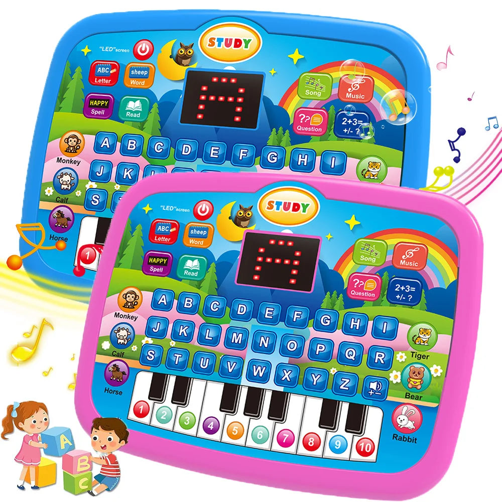 Pink and blue kids education tablet with colorful buttons and cartoon animals for literacy math music and electronic keyboard birthday gift