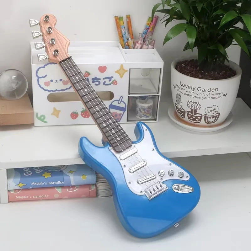 Blue plastic kids electric guitar with white pickguard and silver hardware multifunctional electronic musical instrument portable