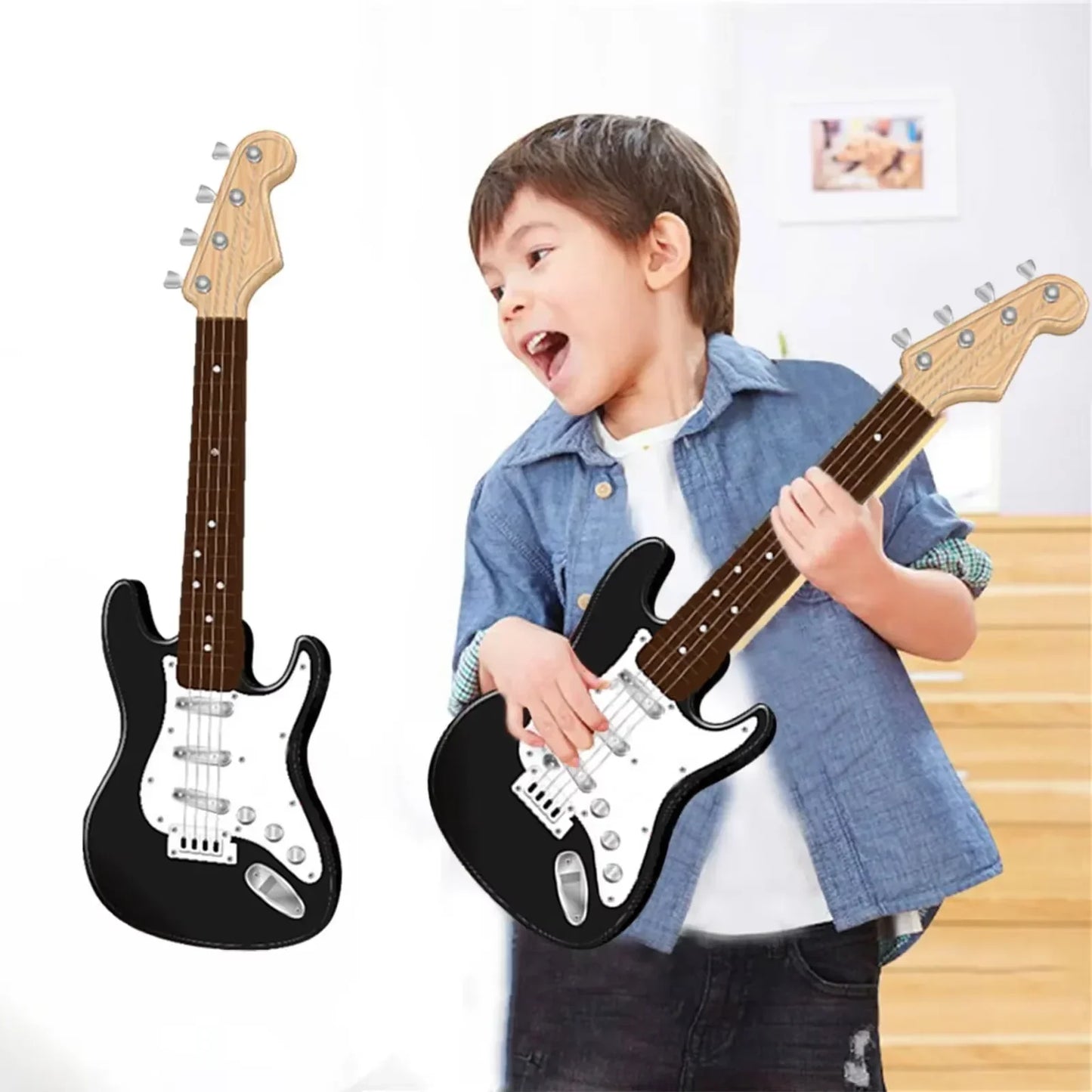 Black and white kids electric guitar toy with wooden neck multifunctional electronic musical instrument portable design