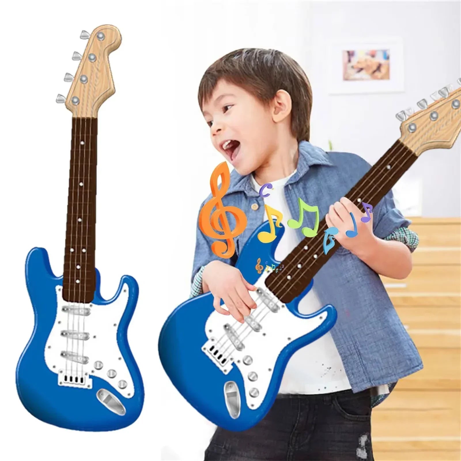Blue plastic kids electric guitar toy with white pickguard wooden neck multifunctional electronic musical instrument portable