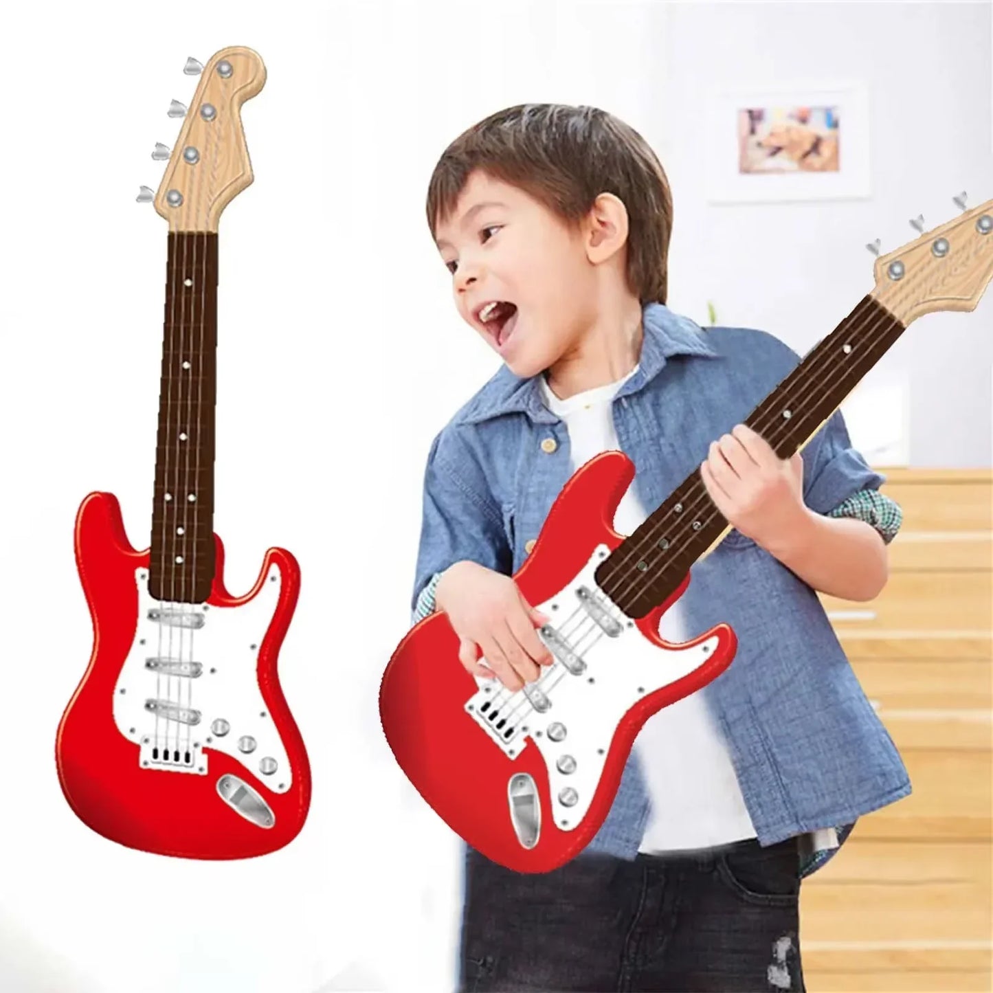 Red plastic kids electric guitar with white pickguard and wooden neck multifunctional electronic musical instrument portable
