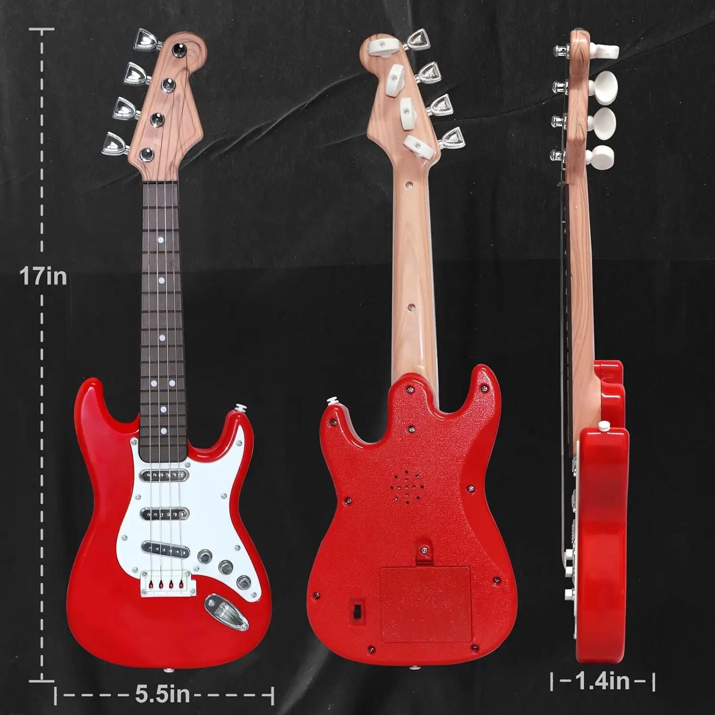 Red and white kids electric guitar with wooden neck silver hardware built-in speaker multifunctional electronic musical instrument portable