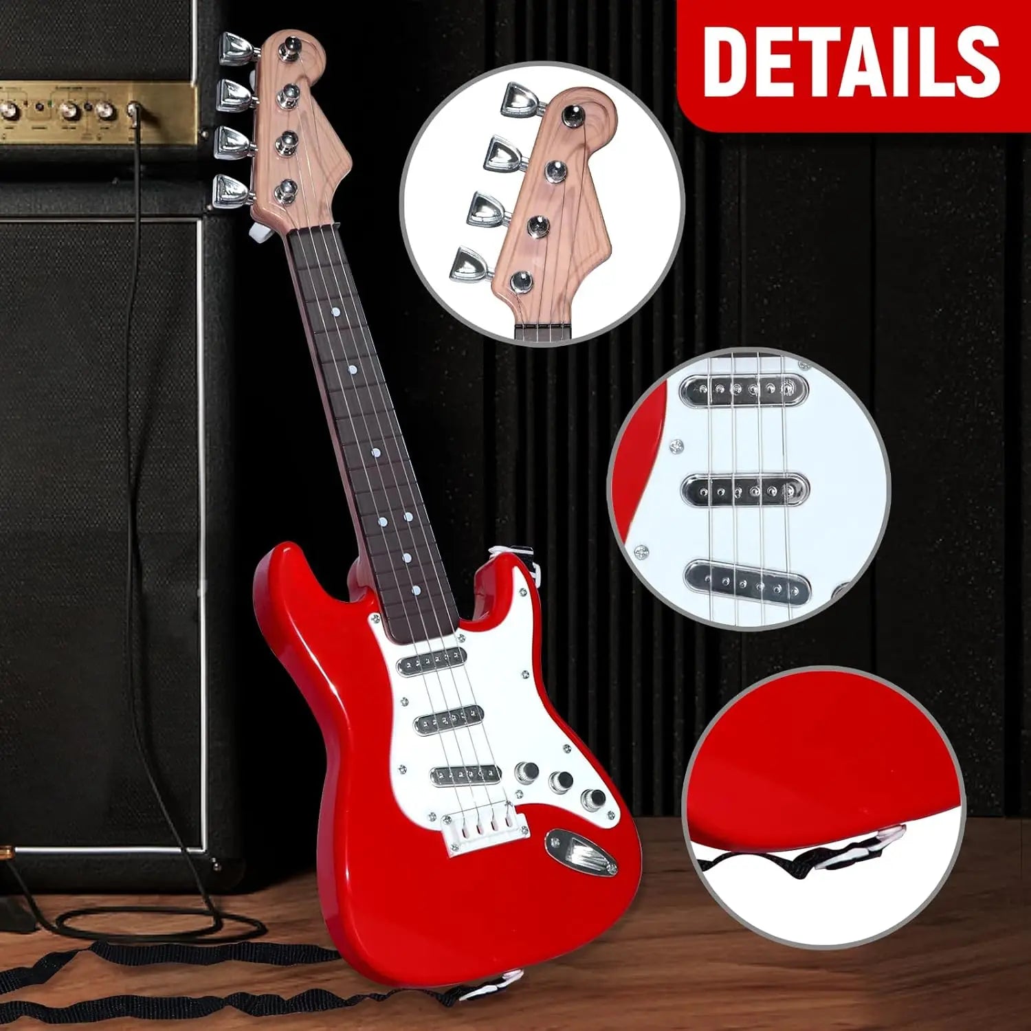 Red and white kids electric guitar with glossy finish, light wood neck, silver hardware, multifunctional portable musical instrument