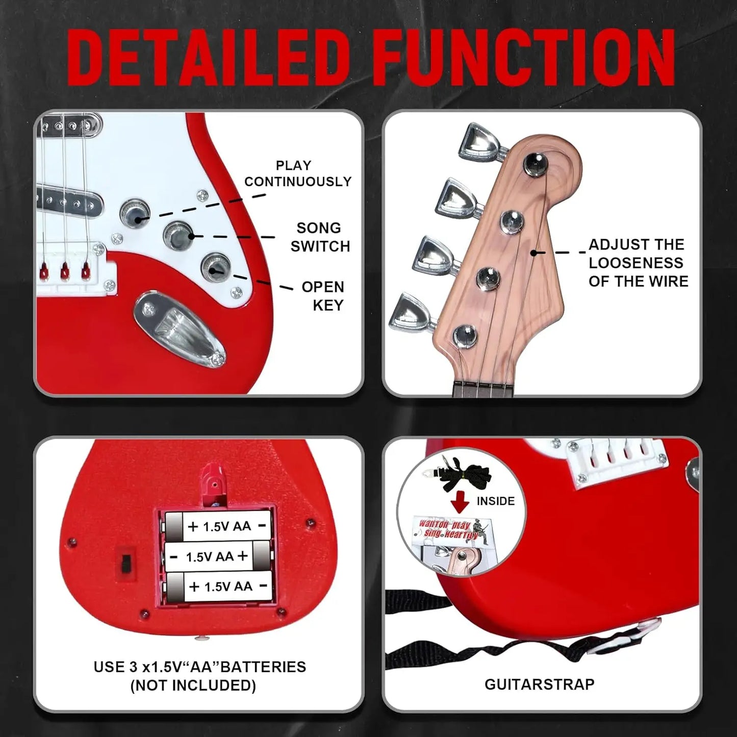 Red and white kids electric guitar toy with silver hardware multifunctional electronic musical instrument portable design