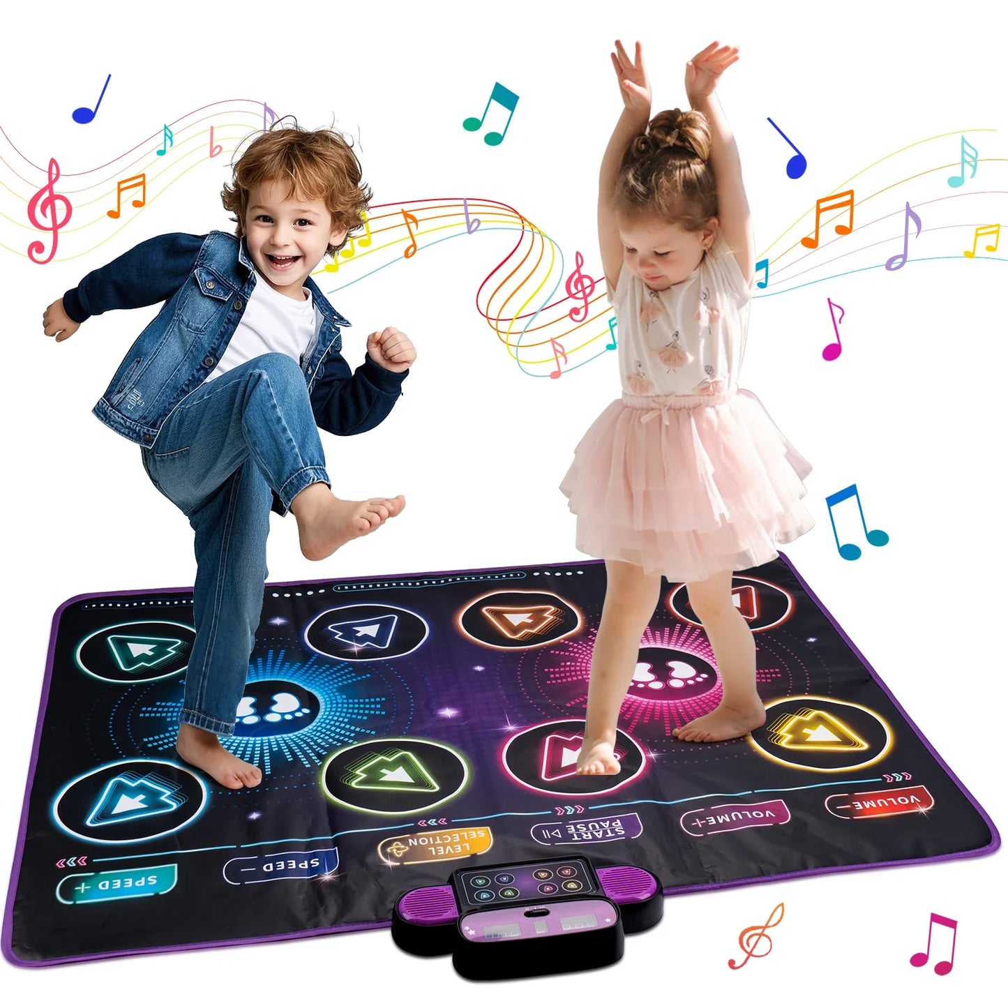 Black kids electronic dance mat with glowing neon arrows and purple border double players music blanket educational toy