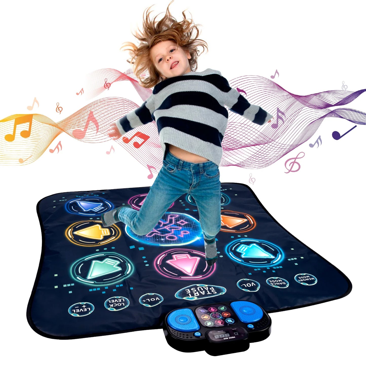 A child leaps on a dark blue kids electronic dance blanket double players mode music blanket educational toy mat