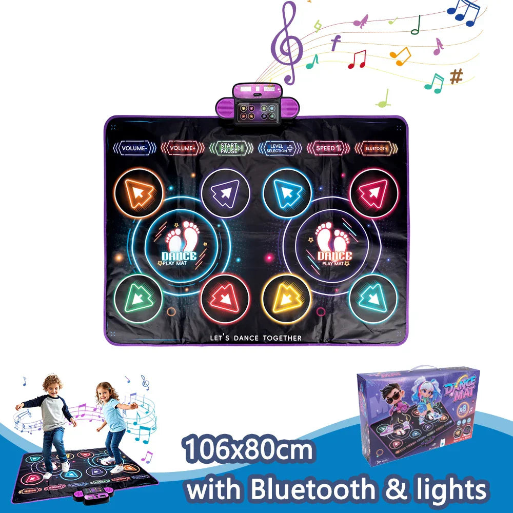 Purple and black kids electronic dance mat with glowing colorful footstep buttons for dancing blanket double play mode levels kid floor