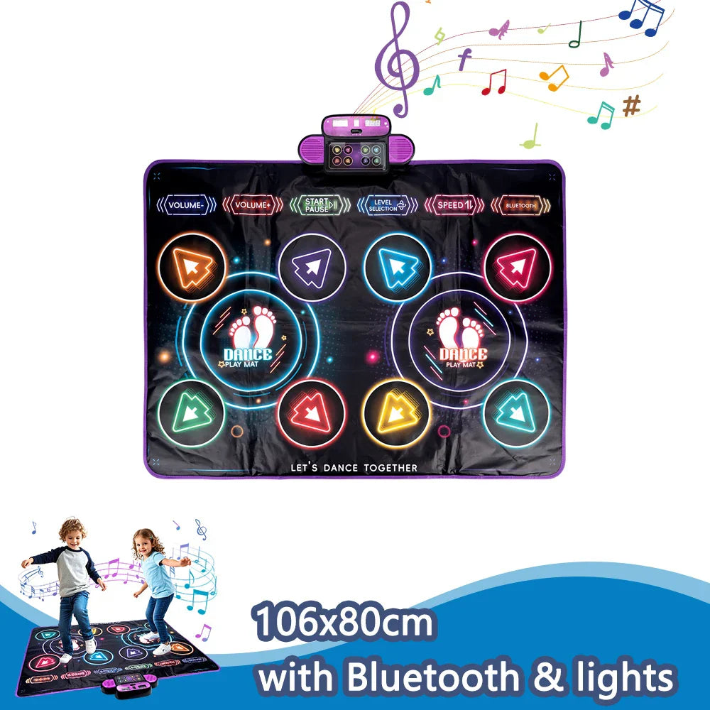 Purple and black kids electronic dance mat with glowing color-coded footstep zones for dancing blanket double players mode