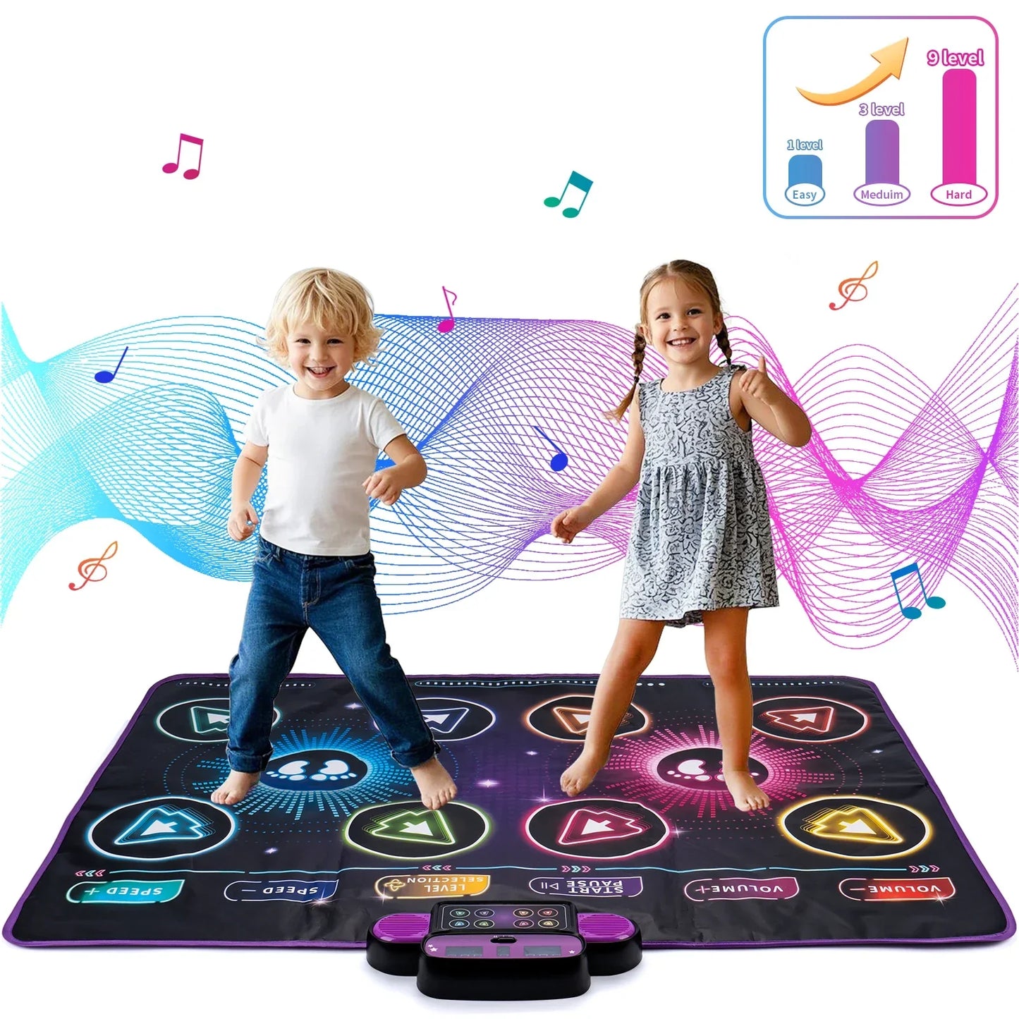 Black and purple kids electronic dance mat with glowing buttons and control panel for blanket double players mode music blanket educational use