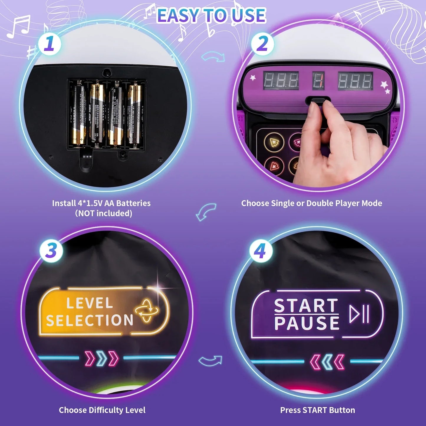 Purple and black kids electronic dance game console with digital display and controls for dancing blanket double players mode