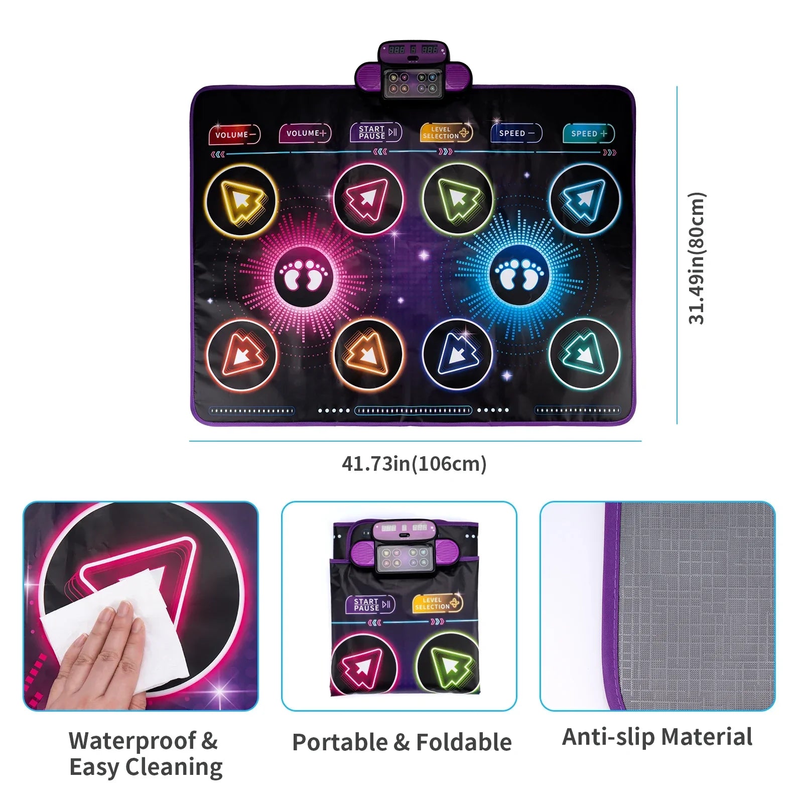 Purple and black kids electronic dance mat blanket double players mode with neon arrows and music blanket educational features