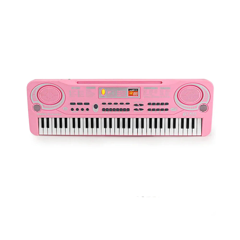 Pink kids electronic piano keyboard with 61 keys, built-in speakers, digital display, and microphone education toys