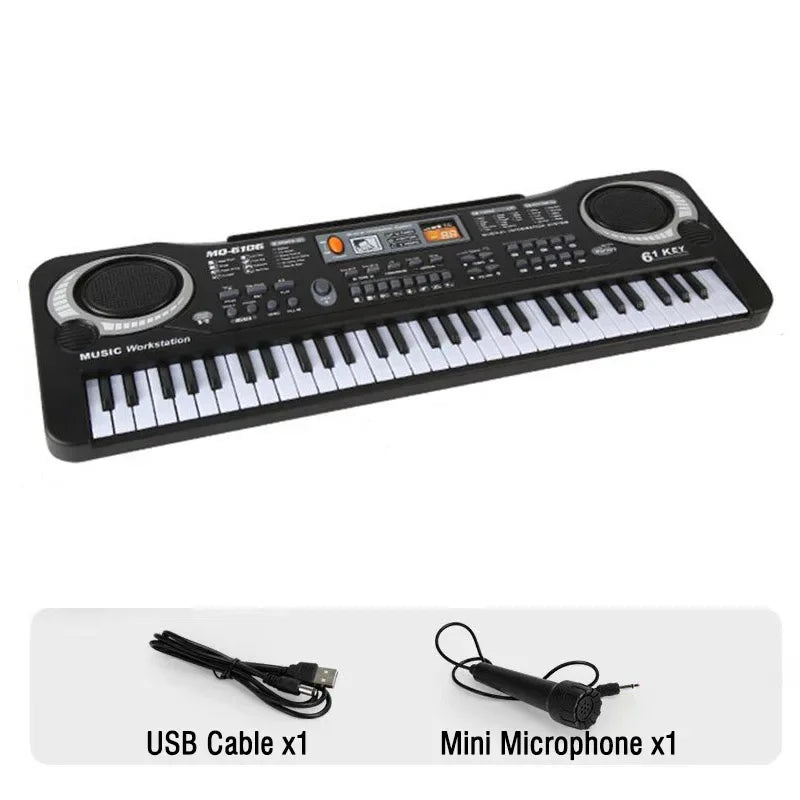 Black 61-key kids electronic piano with microphone education toys and circular speaker grilles for musical instrument gift
