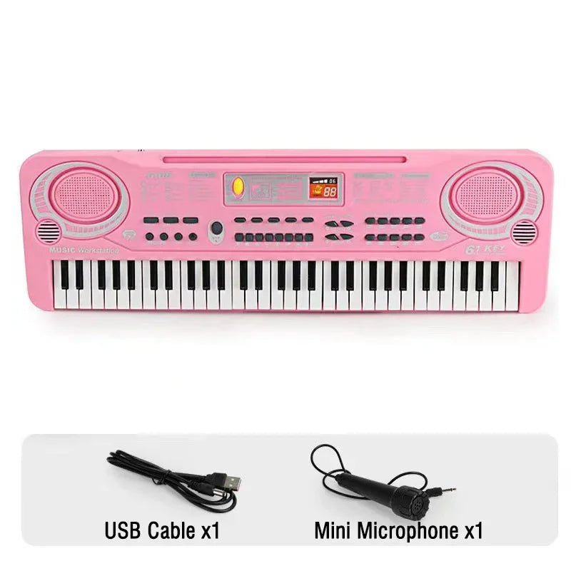 Pink kids electronic piano keyboard with 61 keys built-in speakers microphone education toys musical instrument gift