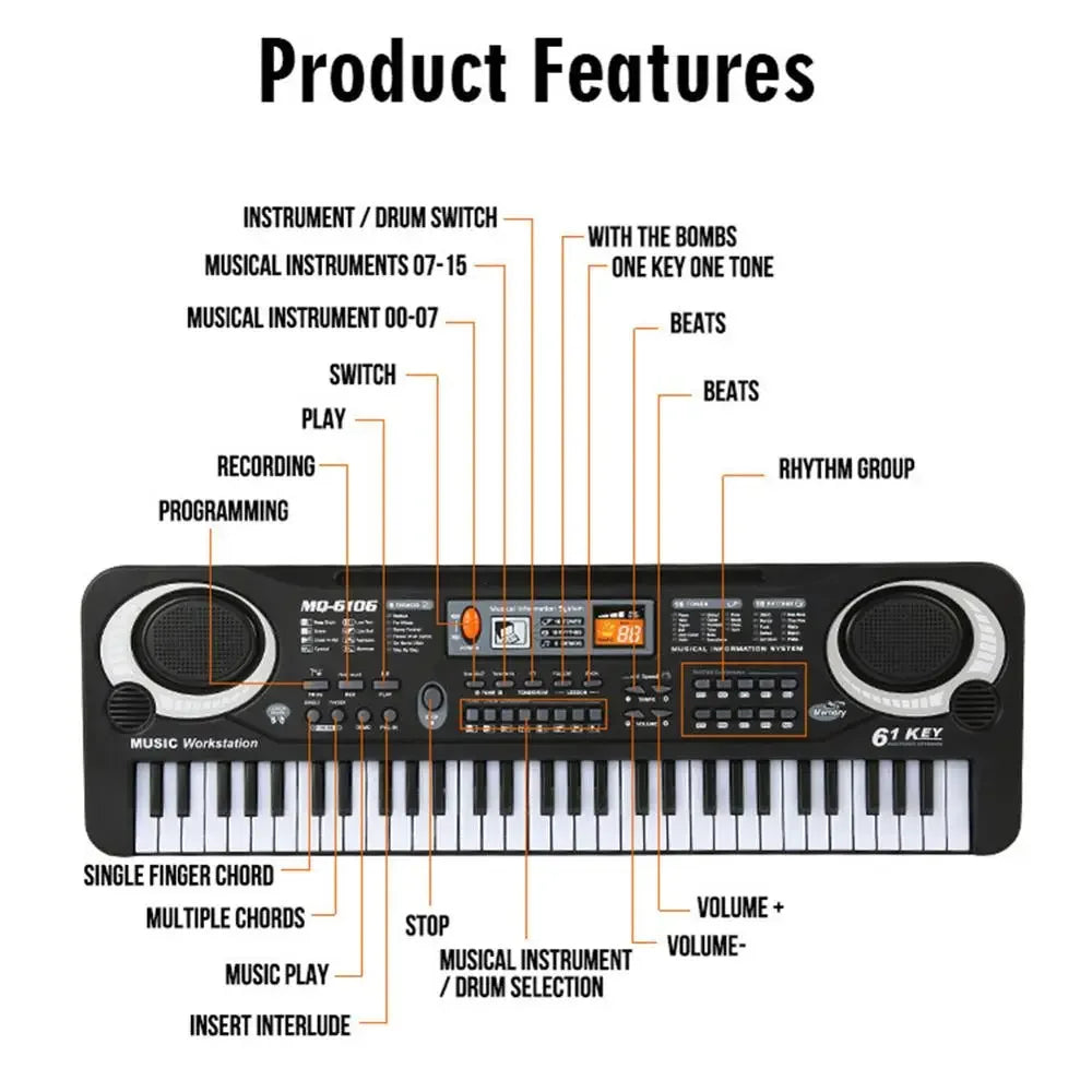 Black and silver 61-key kids electronic piano with built-in speakers microphone education toys musical instrument gift