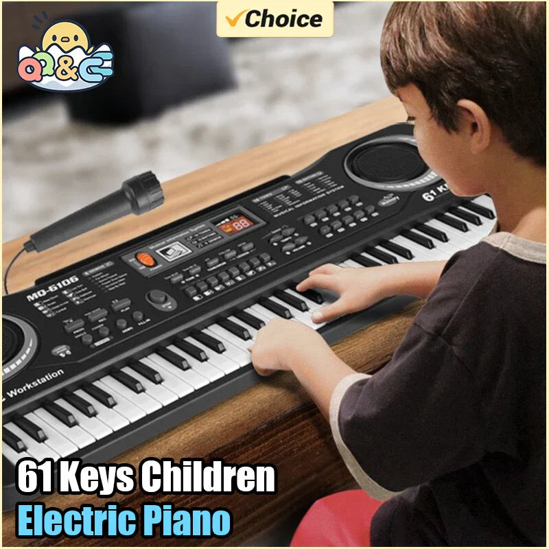 Black and white 61-key kids electronic piano with built-in microphone education toys musical instrument gift md-6106