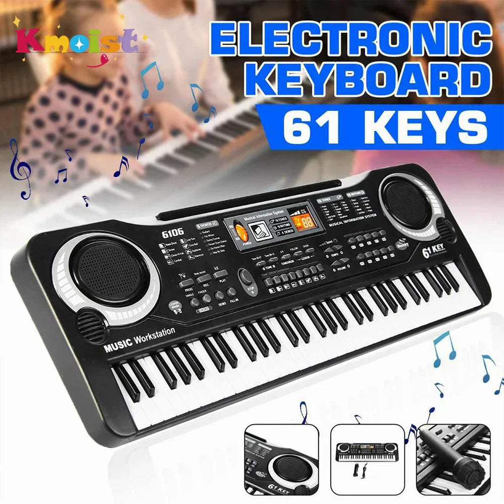 Black kids electronic piano keyboard with 61 keys digital display control buttons and microphone education toys gift