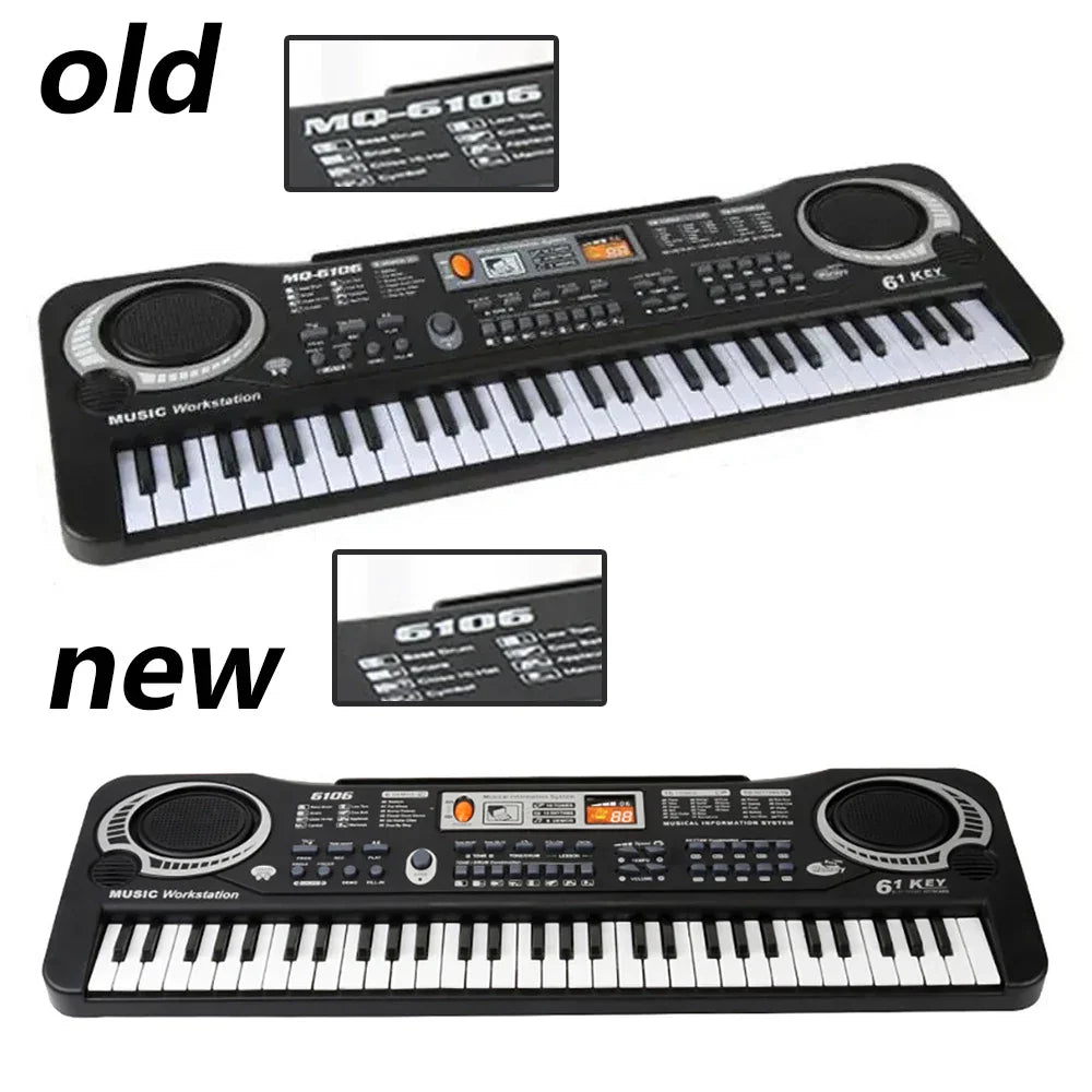 Black plastic kids electronic piano keyboard with 61 keys silver speaker accents and microphone education toys gift