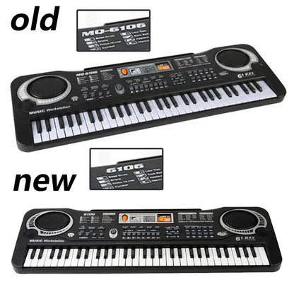 Black plastic kids electronic piano keyboard with 61 keys silver speaker accents and microphone education toys gift