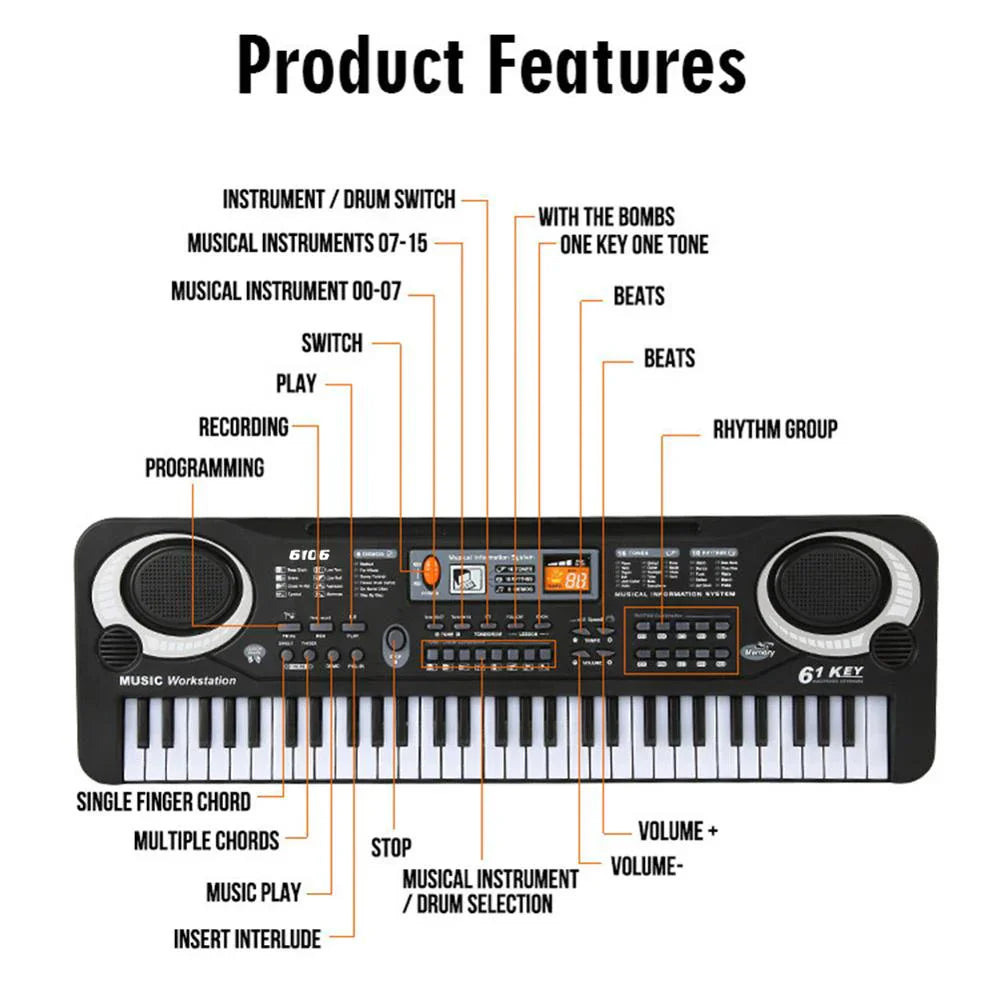 Black and white 61-key kids electronic piano with built-in speakers and microphone education toys for beginners