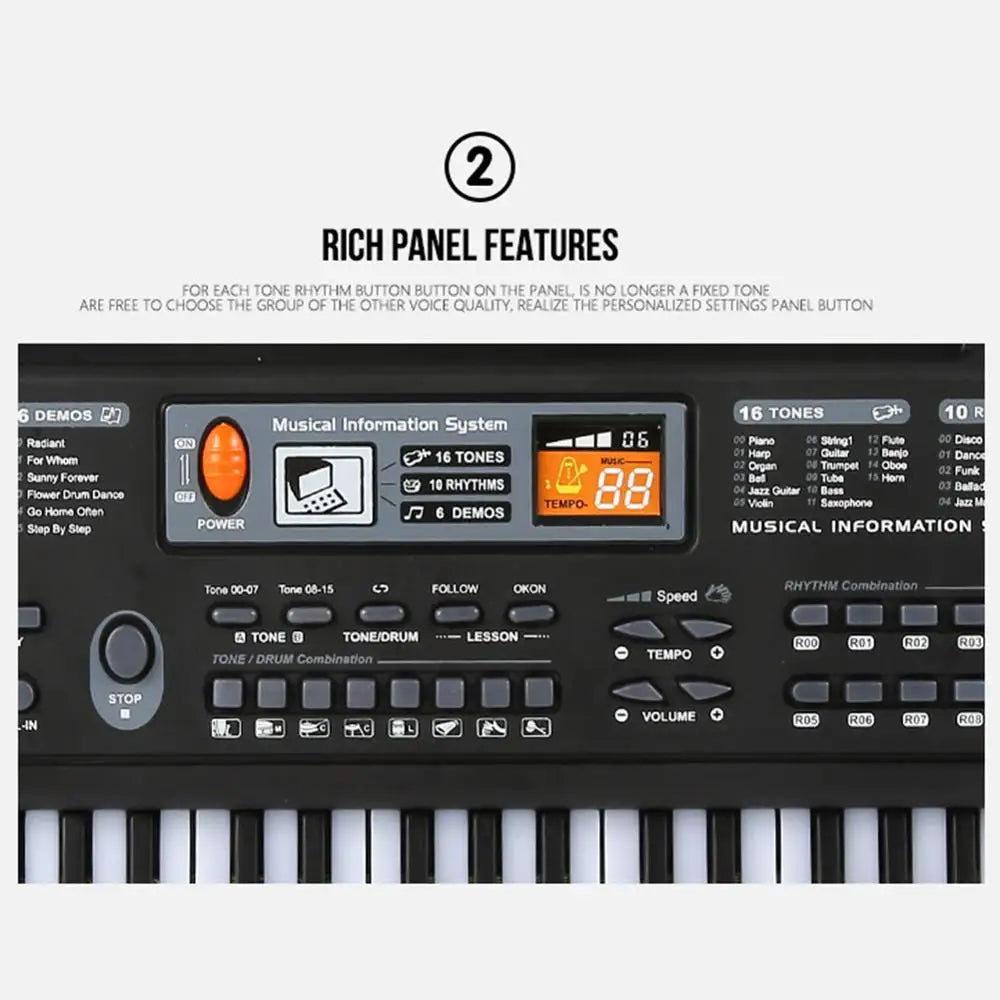 Black kids electronic piano keyboard with 61 keys digital tempo display microphone education toys musical instrument gift
